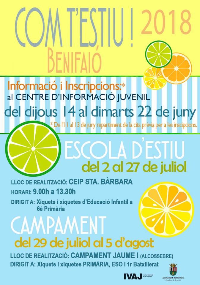 Aj_Benifaio's tweet photo. #COMTESTIU #BENIFAIÓ🐚🐞
ATENCIÓ📢📢
A partir d' avui fins al dia 13 de juny, repartiment de cita prèvia al Centre d' Informació Juvenil per a poder realitzar després la inscripció a #ESCOLADESTIU I #CAMPAMENT(Infantil 3anys a 6é de Primària🦋)
#Informat❗️
@culturaBenifaio https://t.co/ZeLrDO500o