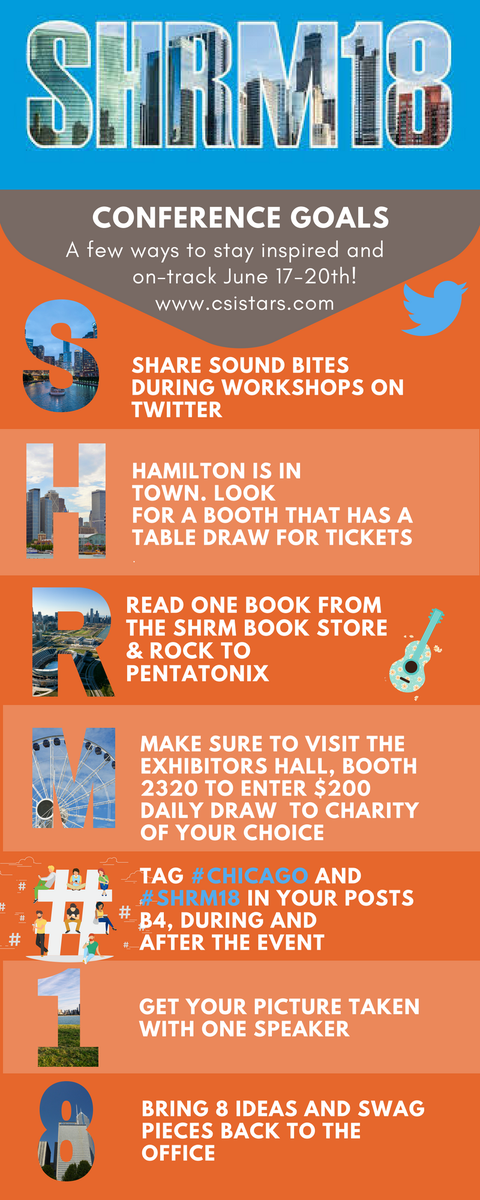 stars_csi's tweet photo. We’re less than a week away from SHRM18! Here are a few tips and takeaways to make the most out of your time in Chicago! #Workplace #SHRMTech18 #HRHighSteppers #HRSocialHour https://t.co/3mRSb6GLAA