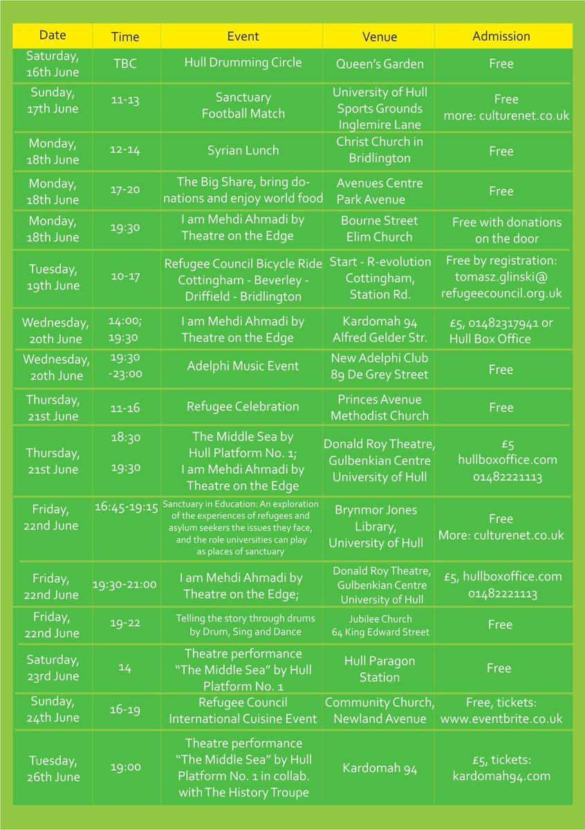 We're getting excited for Refugee Week!
Check out the programme below 👇
<a href="/HullRefugeeWeek/">Hull Refugee Week 🧡</a> @culturenethull <a href="/OpenDoorsHull/">Open Doors</a> <a href="/hullontheedge/">Theatre On The Edge</a>