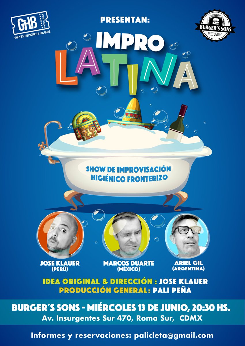 GHBProducciones's tweet photo. Pasado mañana en @burgers_sons, @mduarteactor @Socialcolibri @palicleta #JoseKlauer presentan #ImproLATINA #ÚltimaFunción

RT plis @AlertaMagazine @difusionka @El_Reflektor @LaMatrushkaFC @Memorabilia_Urb @DiseccionRadio 

#Impro #improv #comedia #improvisación https://t.co/KDsez8qJJk