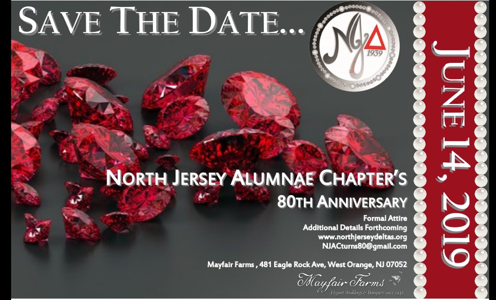 NorthJerseyDST's tweet photo. Save the Date! Please join us on June 14, 2019 as we celebrate 80 years of Sisterhood, Scholarship and Service! #NJACturns80 #NJACDST https://t.co/WBBvu3fNvo
