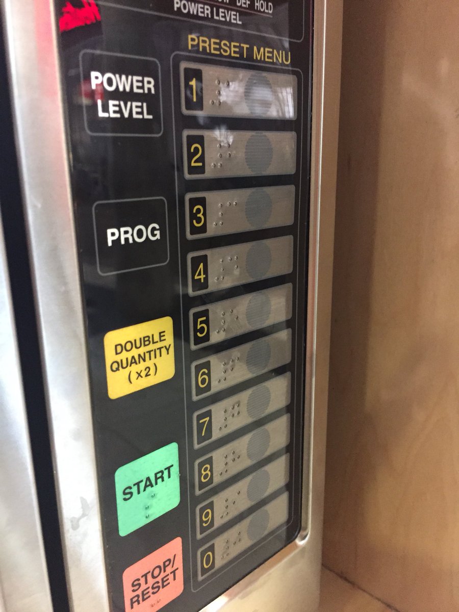 EIOMcMaster's tweet photo. Stumbled upon these new large text, Brailled microwaves in the lobby of the MUSC! Because heating up food is something we all need access to ;) @MacHospitality #AccessForward #FoodAccessibility https://t.co/BWN6wgXMwc