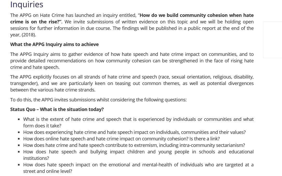 appghatecrime's tweet image. Deadline on the 25th of July.

Public Inquiry: We are holding an inquiry entitled "How do we build community cohesion when hate crime is on the rise?". Details on the inquiry can be found here: appghatecrime.org/inquiries/

Do consider lodging your views and responses