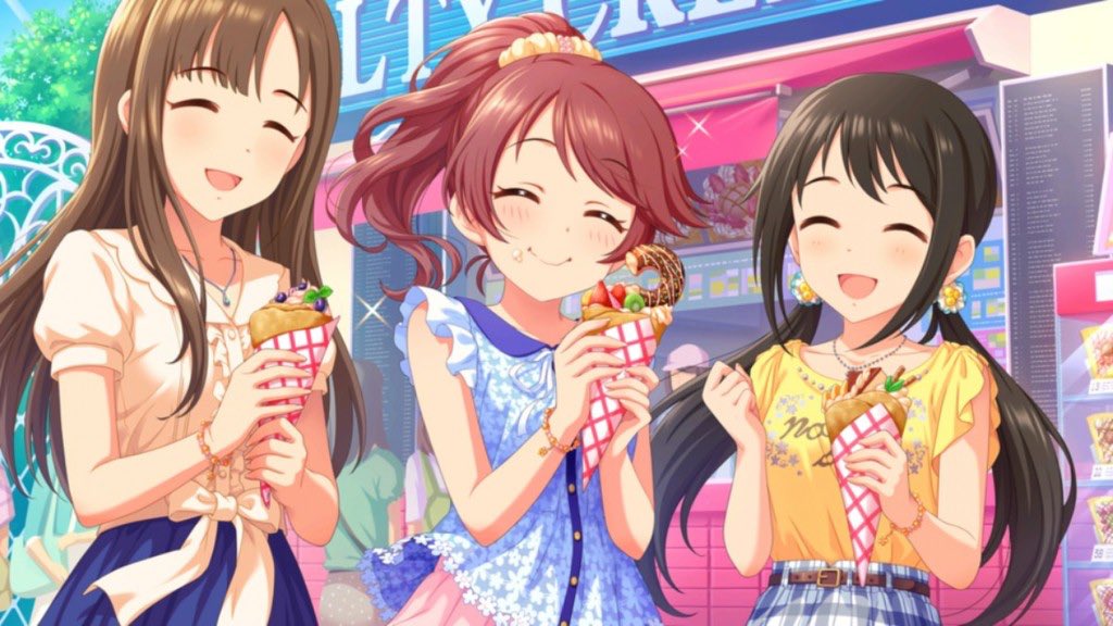 けーこ Sweetswagen5 17昭和湯様にて軒下営業 6 17のprismstarsでクレープ も販売しますが エコバッグもセットで頒布します 水本ゆかり 椎名法子 中野有香の3人がクレープを食べてるイラストです エコバッグは数量が少ないので 欲しい方はお早めに