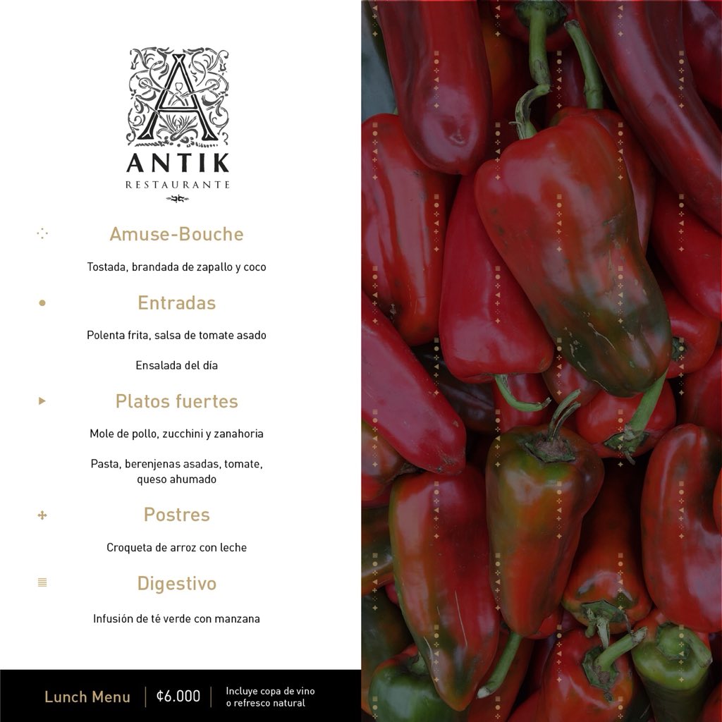 AntikCR's tweet photo. ~Lunch menu de esta semana~

Los esperamos de martes a viernes de 11:30am a 3:00pm

También tenemos la opción de pizza para almorzar por 4.000 colones con refresco natural incluido.

Reservaciones: 8645-5055 https://t.co/I97XJ85OXB