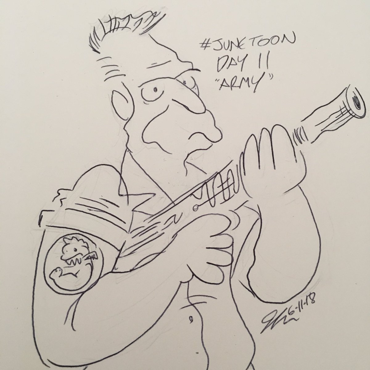 beenbettercomic's tweet photo. Day 11 of June Toon, “army”. Art style inspired by the works of Quentin Blake. There was something very relaxing about letting the lines dance. #junetoon #junetoon2018 #sketch #abesimpson #flyinghellfish #army #thesimpsons #grandpasimpson #quentinblake #jimmypurcelljunetoon https://t.co/fov3emLaTp