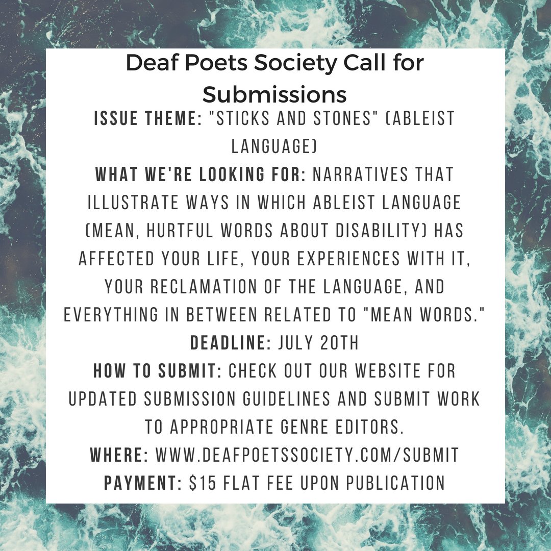 thedeafpoets's tweet photo. We're open for submissions for our next issue! The issue's theme is "Sticks and Stones." For more details, see the graphic and our image description, or our website. 😍 Spread the word, you guys!

Submissions guidelines: https://t.co/rRB8hdx7Ge https://t.co/ekUnTjg305