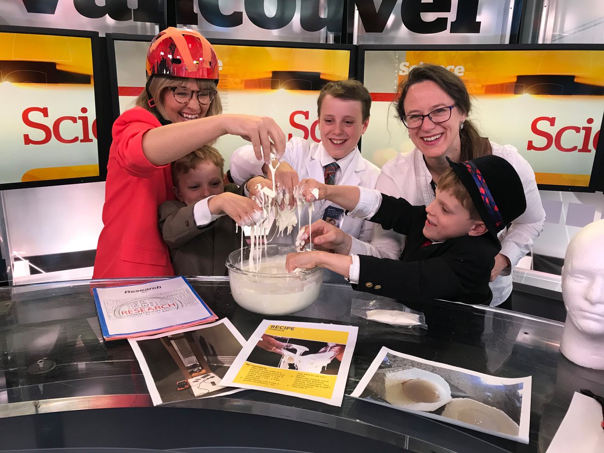 JWagstaffe's tweet photo. When the winner of the @CBCVancouver Science fair Keenan Warhurst brings his new bike helmet technology to the newsroom & everyone wants to get in on that non-Newtonian fluid. Look out for the #ScienceSmart this weekend on #OurVancouver! https://t.co/Z84aNIJNuq