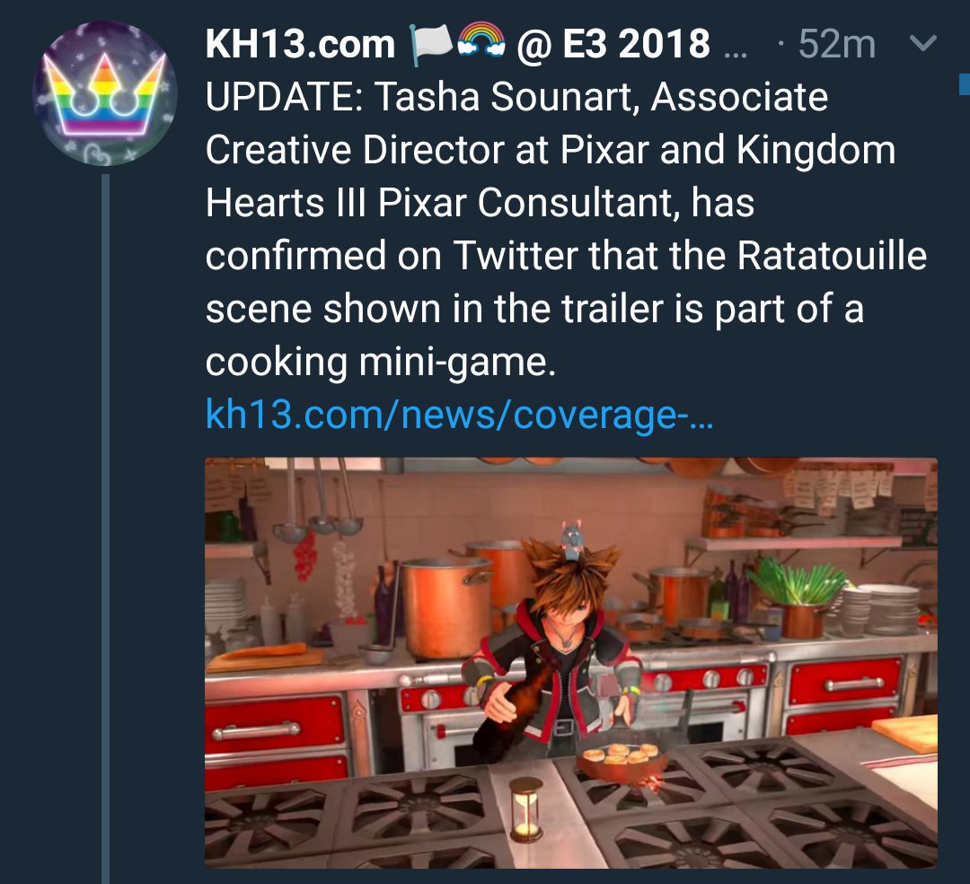 WitcherDonald's tweet photo. Pues resulta ser que lo que vimos de Ratatouille en el tráiler no era parte de un nuevo mundo ni una invocación, sino un pequeño minijuego de cocina, todo esto dicho por Tasha Sounart, director creativo asociado de Pixar y el consultor de Pixar de Kingdom Hearts III. https://t.co/xfw42x5YLL