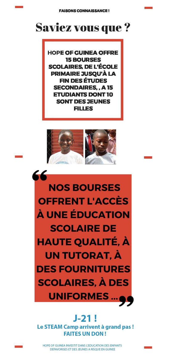 HopeofGuinea's tweet photo. #HOGFACTS DAY 1 :
“Les boursiers de Hope of Guinea sont parmi les mieux classés de leur promotion et on compte un pourcentage de 100% de réussite des boursiers aux examens nationaux” ✨ https://t.co/Dl0w8trMme
