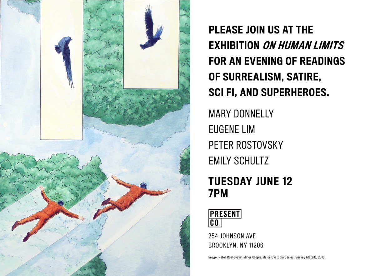 subsully's tweet photo. Please join us tomorrow (7pm Tues Jun 12) at Present Company for an evening of sci fi, satire and surrealism. Writers Mary Donnelly, Eugene Lim, Peter Rostovsky and Emily Schultz will read from their work. Refreshments will be served. 254 Johnson Ave, BK. https://t.co/FcsgYDQ815 https://t.co/zhaeXhCyAi