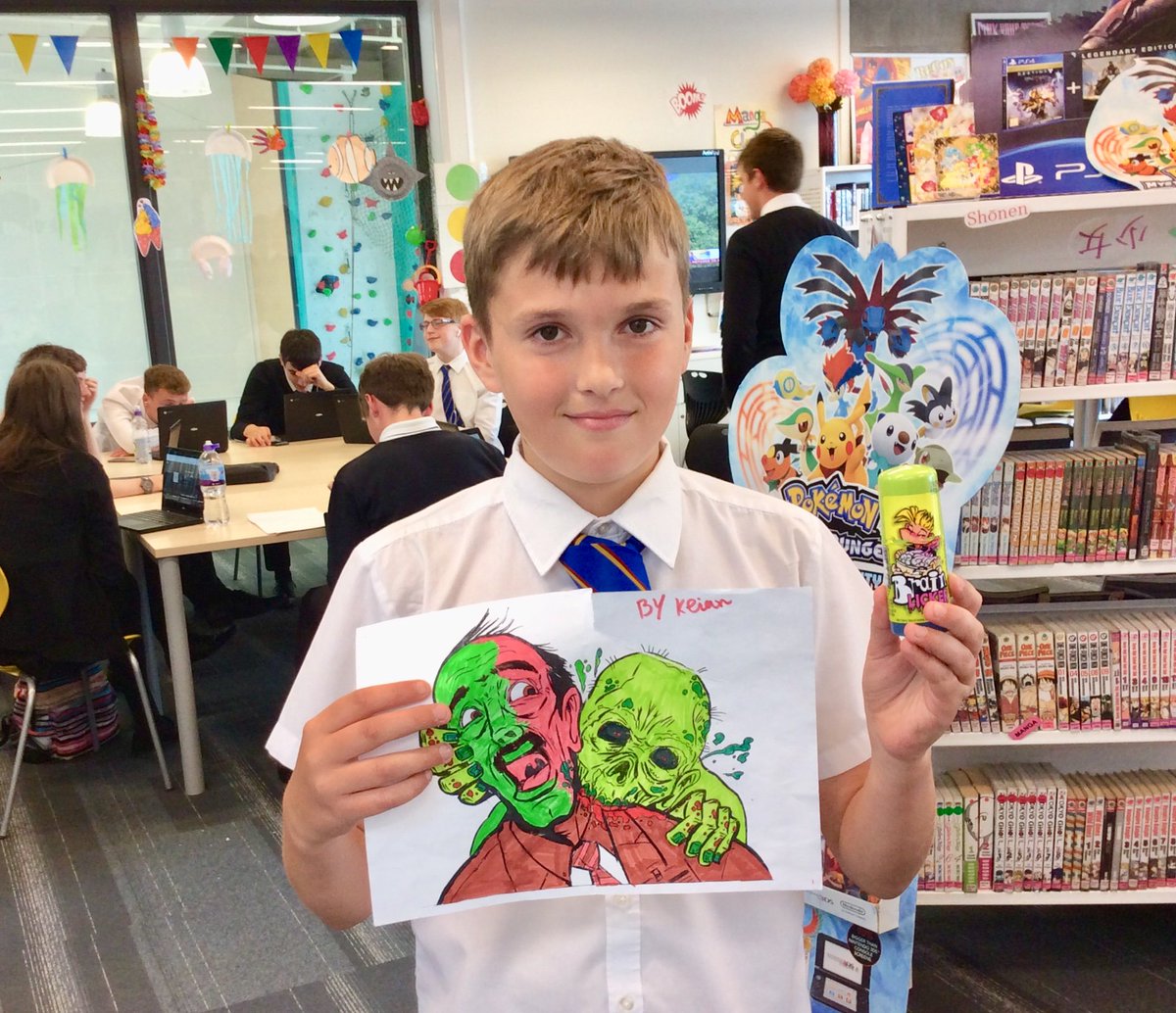 BrechinHighLib's tweet photo. Announcing the ‘runner-up’ winner of our #ZombieAwareneesMonth art competition, aaaaand it’s S2 student, Keian. 👏🏻 Congrats on producing a truly revolting picture, full of zombified blood and 🧠s. I hope you enjoy your prize of gooey #BrainLicker! Yum! 😋 #ThisIsBrechin https://t.co/CL4Whsrqic