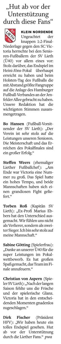 svlieth40's tweet photo. Stimmen zum Landespokalfinale Ü40
Quelle: Elmshorner Nachrichten vom 12.6.2018
#svl40 #svlieth #hfv #scvictoria #heinijönspokal #finale #holstentagdesfussballs #kleinnordende #shz #elmshornernachrichten https://t.co/rKJlYg2z8D