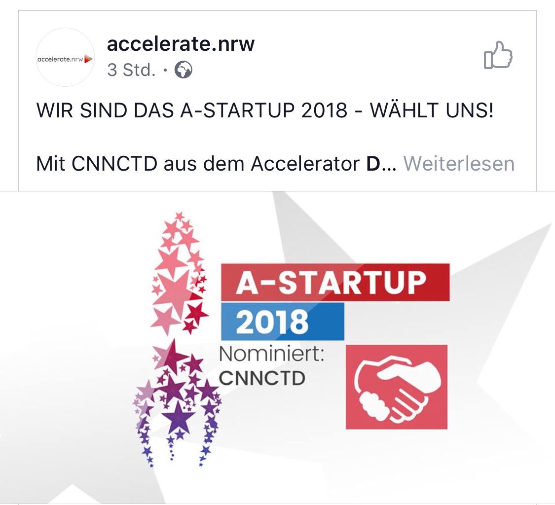 cnnctd_io's tweet photo. Wir sind nominiert für das beste A-Startup 2018. 
Drückt jetzt auf den Link und den 👍🏼-Button unter unserem Bild und voted für uns. 

Wir freuen uns über jeden Like und natürlich darf der Beitrag geteilt werden. 

Let’s get CNNCTD

https://t.co/BvdNIrFOyp https://t.co/ENozPJvIAR