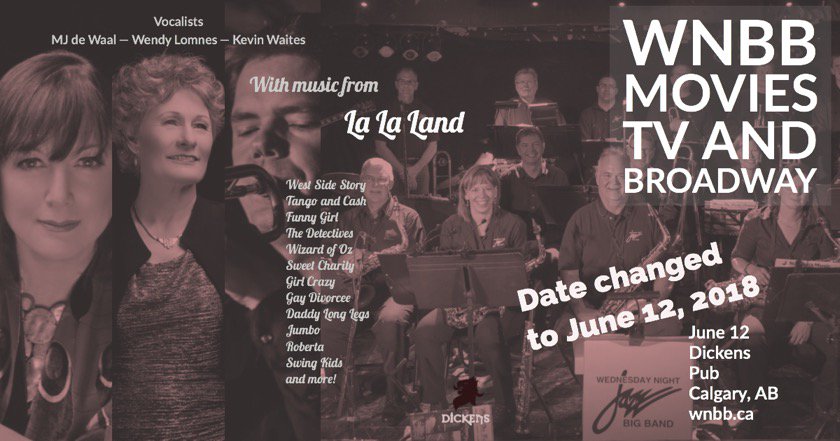 forloveofjazz's tweet photo. #Bigband #jazz tomorrow #Calgary: the Wednesday Night Big Band plays Tuesday instead of Wednesday! Featuring @MariJodeWaal Wendy Lomnes &amp; Kevin Waites singing music from LaLa Land &amp; more movies @DickensYYC 8 pm, $15 https://t.co/qI6iuQyehq https://t.co/KOKoxzIOSg