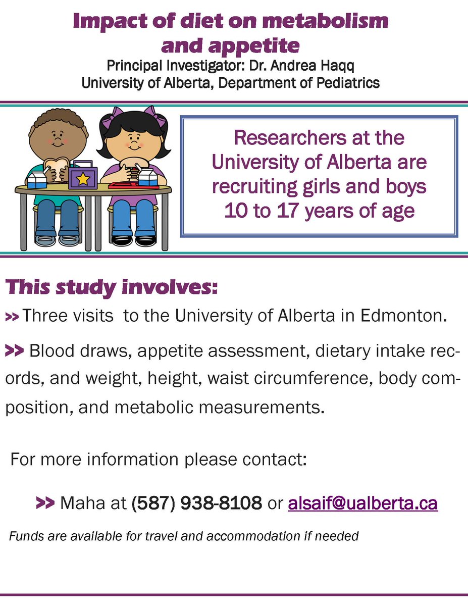AlbertaDiabetes's tweet photo. VOLUNTEERS needed for study to develop specific diets for children with overweight and obesity (10–17 yrs) that helps reduce curbing excessive weight gain and hunger.  For more information contact: Maha Alsaif at alsaif@ualberta.ca https://t.co/KUQ0zsWEcV