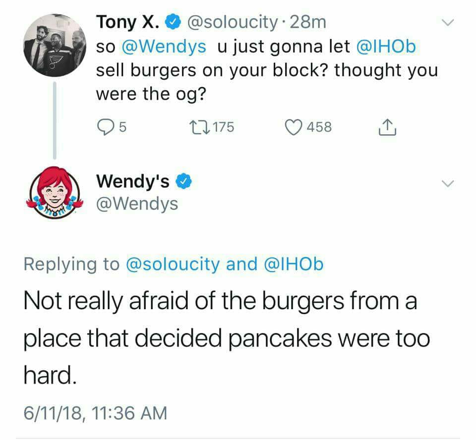 TheNewPulseFM's tweet photo. .@Wendys is at it again! Move over #DrakevsPushaT, its #WendysvsIHOB now! - @JudPulseFM https://t.co/7GwZaHjDtX