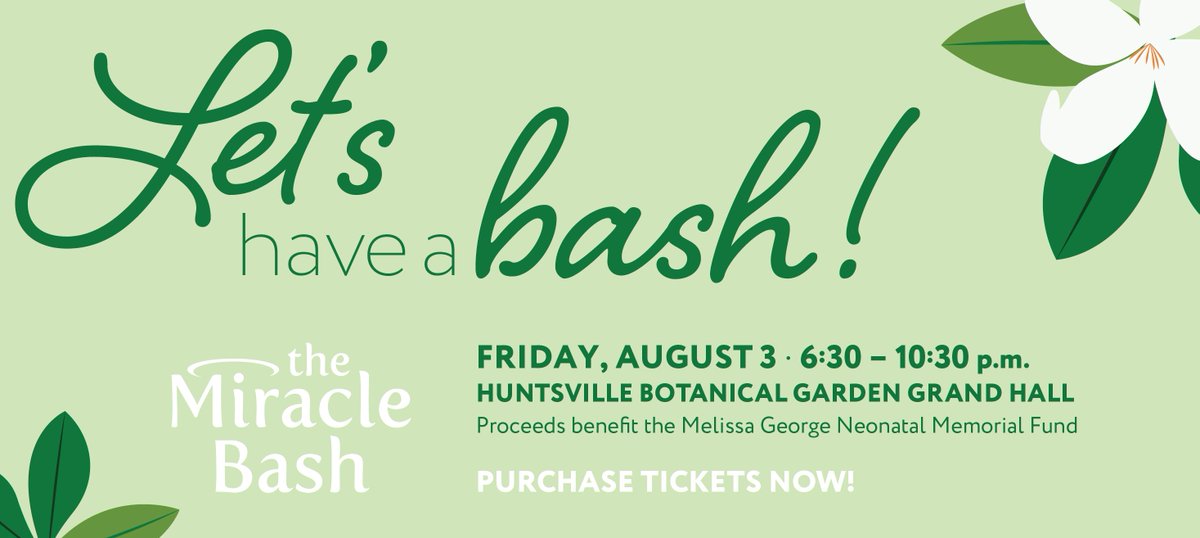 HH_Foundation's tweet photo. Let's have a bash! #MiracleBash tickets are now on sale! >> https://t.co/JaX9gHRZoc
We hope you can join the fun on Friday, Aug. 3, 6:30-10:30 p.m. at @HSVBG Grand Hall! All proceeds benefit the Melissa George Neonatal Memorial Fund. #MGNMF #Huntsville https://t.co/vllAFUd26j