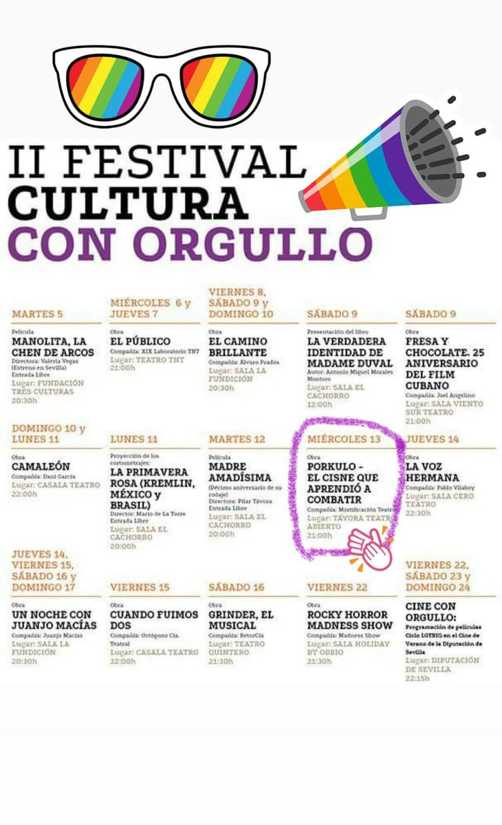 TTeatroabierto's tweet photo. #Teatro #Távora participa en el Festival #CulturaconOrgullo
#Sevilla con #MortificaciónTeatro y su tremenda obra #PORKULO EL CISNE QUE APRENDIÓ A COMBATIR #CarlosCosta
13 junio 21h
https://t.co/5W81DPMX8f
#teatroSev #culturasev #cdaea #LGTB #Lgtbi #Togayther #MuyDeEscenarios https://t.co/1g2lxCbaKN