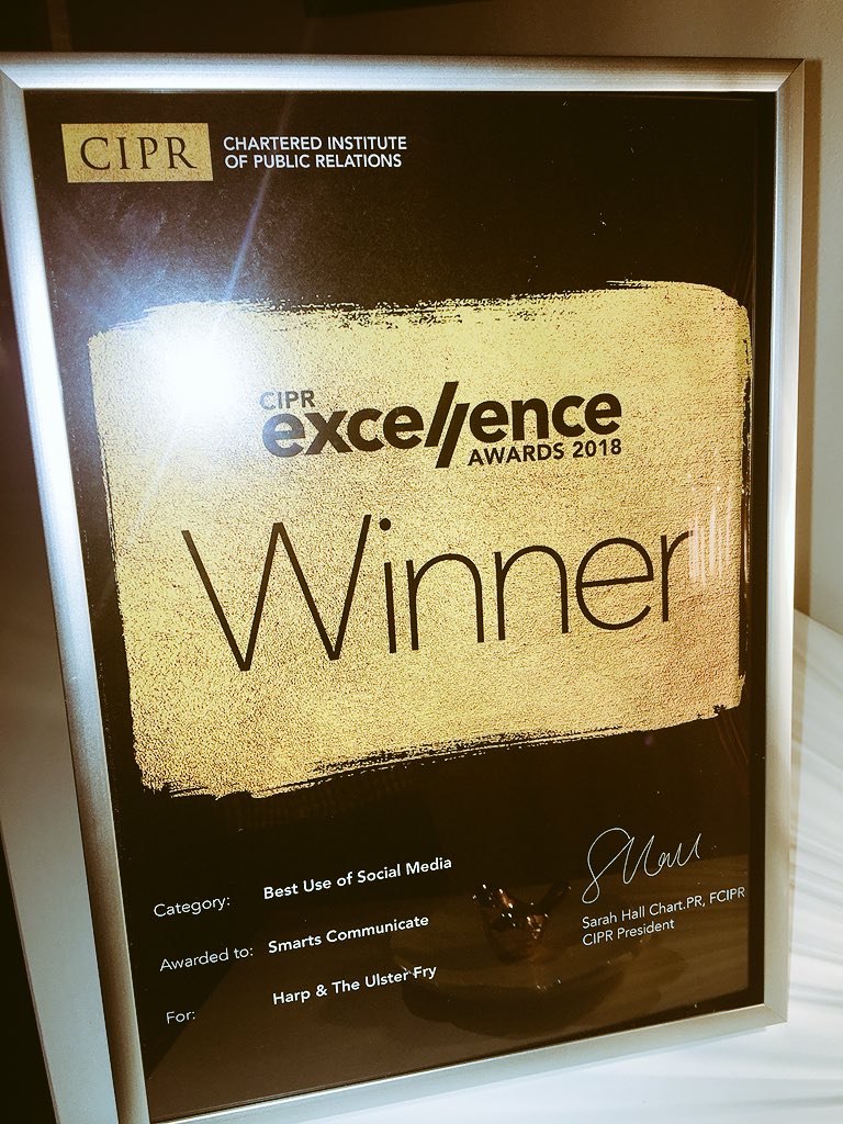 jillcunningham8's tweet photo. Absolutely over the moon @SmartsComm and Harp won @CIPR_Awards Best Use of Social Media alongside the legends that are @UlsterFryNI 🙌🏻 #WhatAYear #PureHere https://t.co/Gv79yZ3zxA