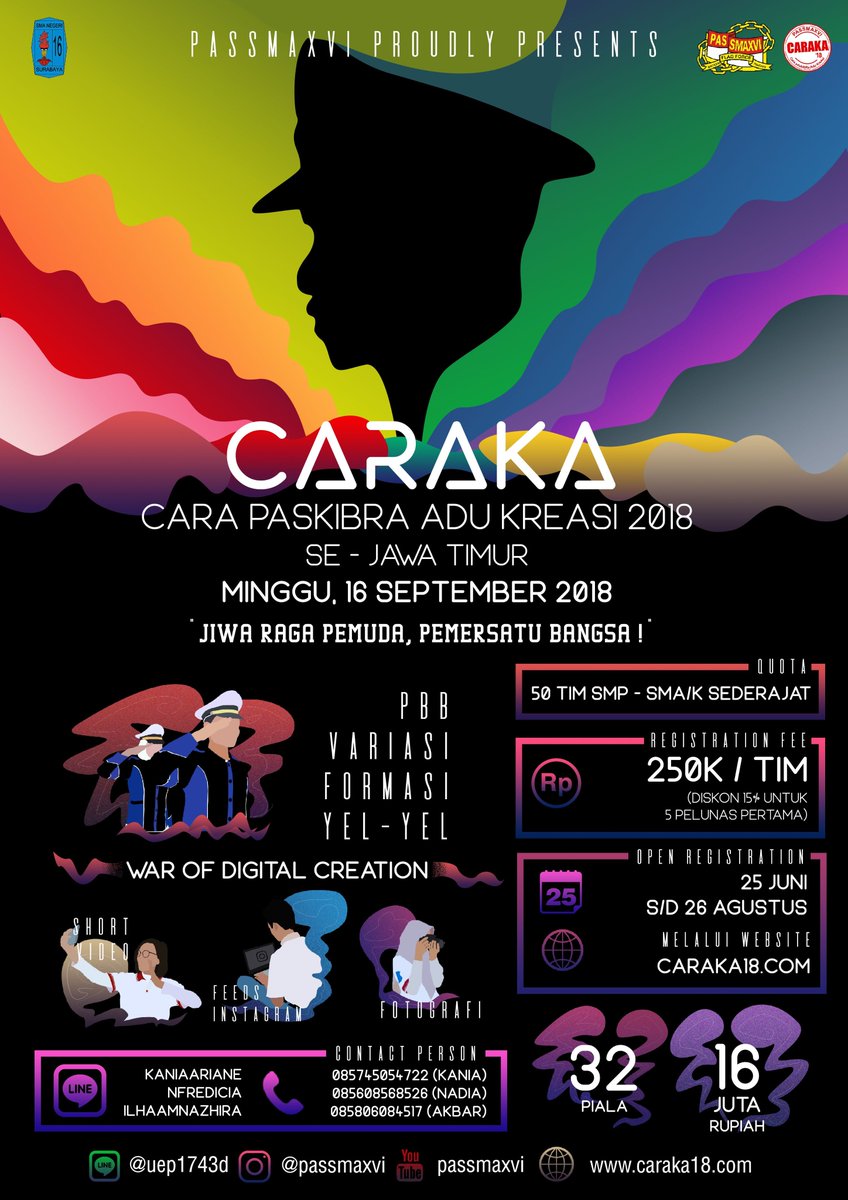 passmaxvi's tweet photo. CARAKA'18 tahun ini akan digelar pada tanggal 16 September 2018 di SMAN 16 Surabaya
Info lomba @caraka2018 selengkapnya bisa dicek di...
https://t.co/ziiEhbJTNv
#lombapaskib #lombapaskibra #lombapaskibrajatim #paskibra #caraka https://t.co/Rl7Her9cAj