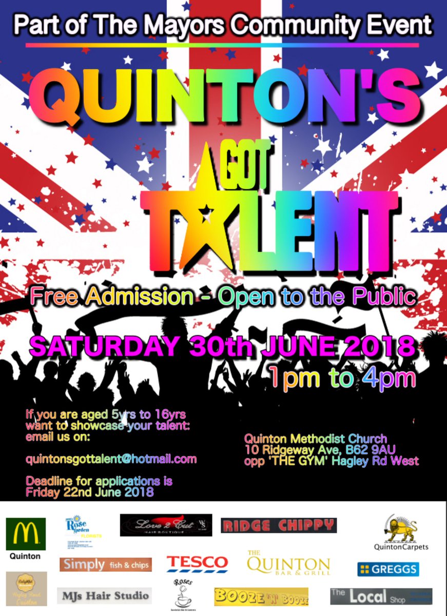 I will be hosting Quinton's Got Talent on Saturday 30th June. If you know of any talented 5 to 16 year olds then please contact the email address for an application form. Many thanks #QuintonsGotTalent #QGT