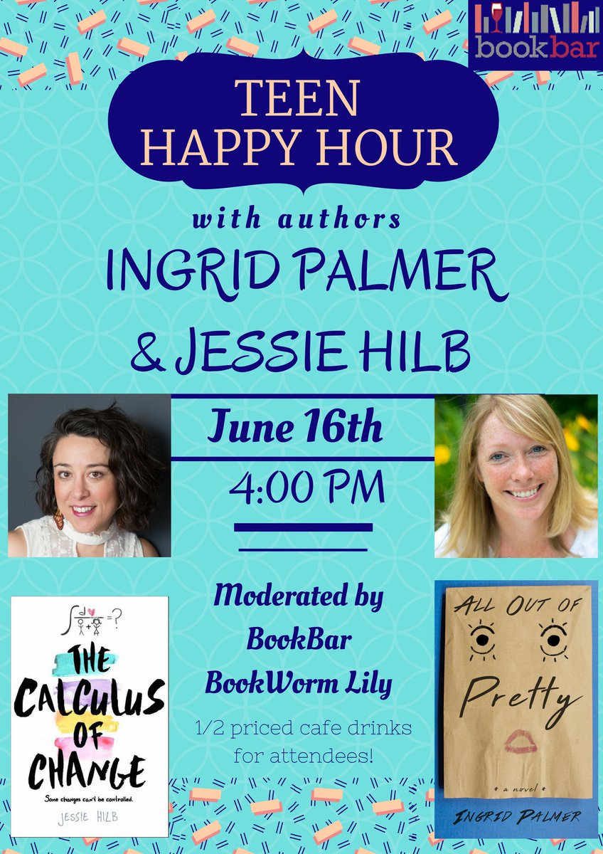 BookBarDenver's tweet photo. Teen Happy Hour is this Saturday! #YAauthors @IngPalmer &amp; @JessieHilb will be discussing their #books, their lives, and their writing processes. Moderated by our BookBar #BookWorm Lily! 1/2 off all cafe drinks @ 4 PM! https://t.co/zM3iCJgIKz