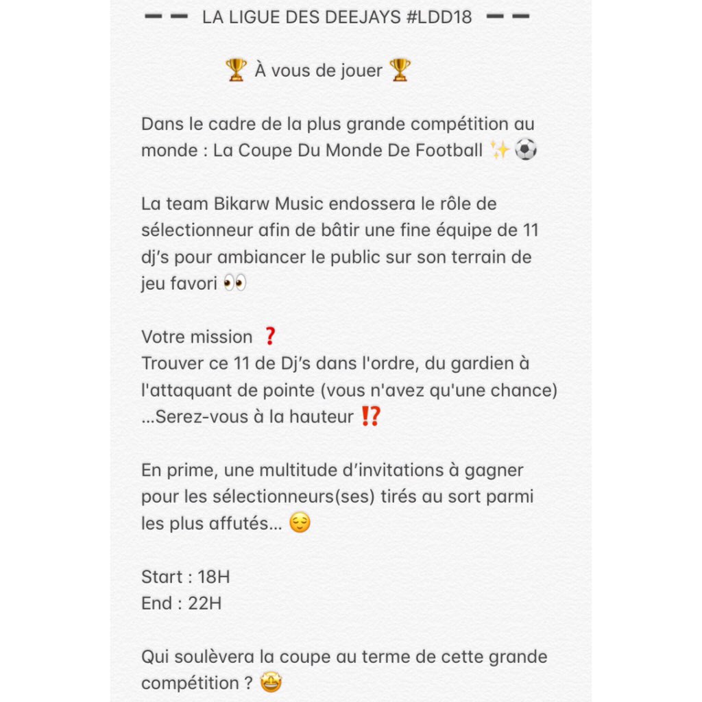 BKM_Event's tweet photo. JEU CONCOURS #LDD18
Pour participer c’est simple :
1⃣ Abonne toi au compte Twitter « Bikarw Music »
2⃣ Like et cite ce tweet avec ta composition dans l’ordre
#GameOn #SoyezRéactifs #LDD18 #LigueDesDeejays #FirstEdition #NewConcept #BikarwMusicAntilles #PôleCom https://t.co/ZAJd3yoTFv