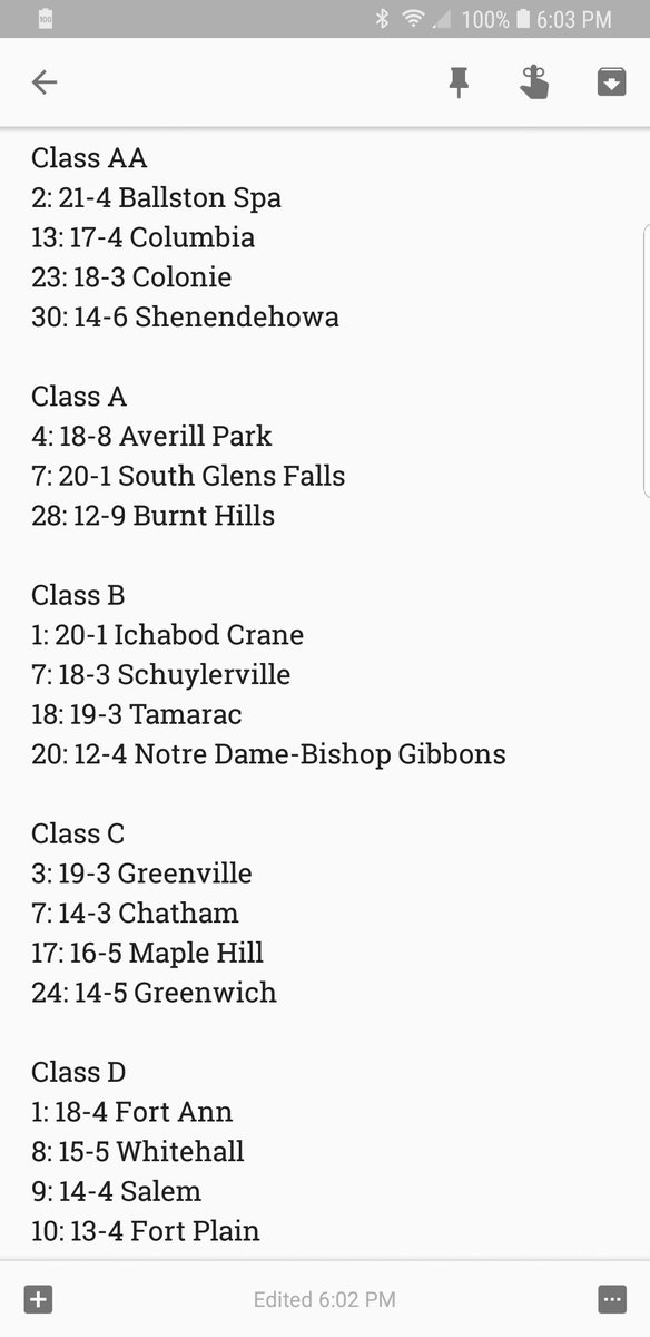 This weeks state rankings. Here are the top local teams: AA Ballston Spa(2), A Averill Park (4), B Ichabod Crane(1), C Greenville(3), D Fort Ann(1) #518softball