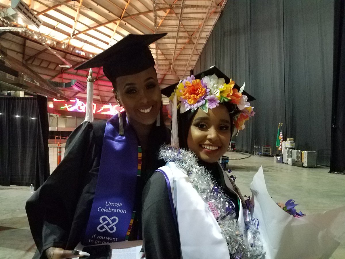 UW Tacoma seniors Arwa Dubad and Fadumo Abdirahman getting ready to go on stage and give their speeches during the afternoon Commencement ceremony.  #uwtgrad