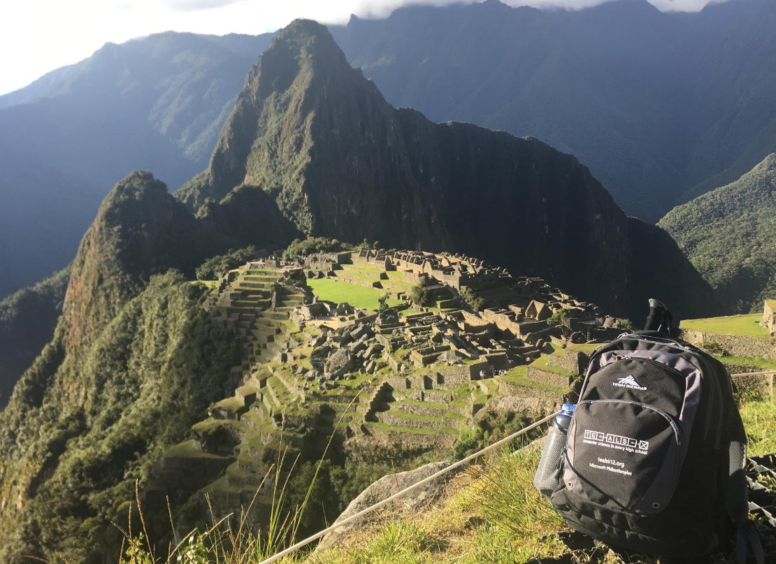 A volunteer took his @tealsk12org backpack with him to Machu Picchu. Looks like our backpacks are able to handle high altitude situations as well as hauling CS textbooks. <a href="/msphilanthropic/">MSFT Philanthropies</a>