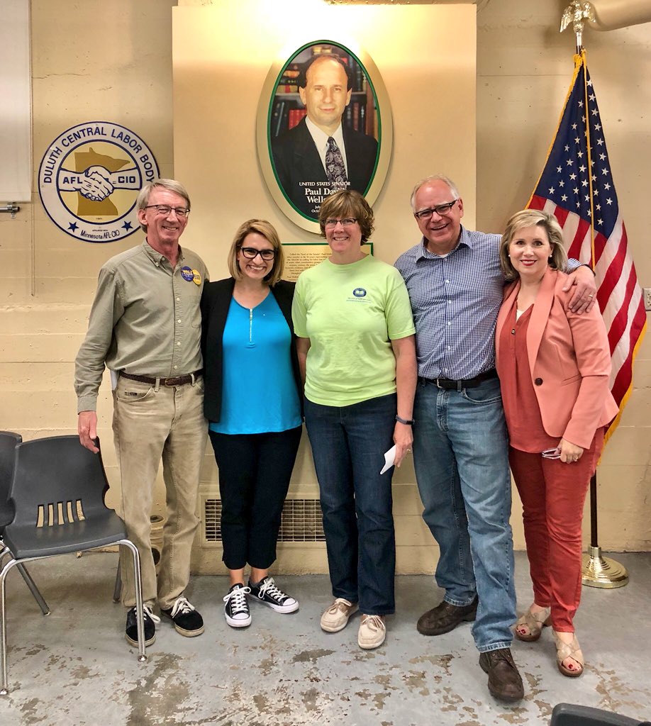Tim_Walz's tweet photo. Great discussion with workers at the Duluth Labor Temple. @peggyflanagan and I will always stand with hardworking Minnesotans. When unions are strong, Minnesota is strong. #walzflanagan #uniteMN https://t.co/64jNDya8Q2