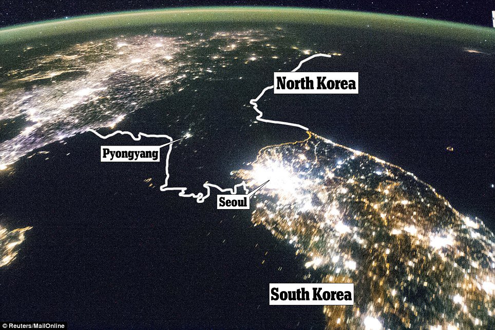 ZibaLady1's tweet photo. #NoKoSummit
This is the satellite image of North Korea vs. South Korea at night.
This picture says everything you need to know about what Trump can offer #Noko.
The room for improvement for North Korea is HUUUGE!
#LetThereBeLight
I am betting on a #BigWin
#MyPresident https://t.co/pk3sntAF5n