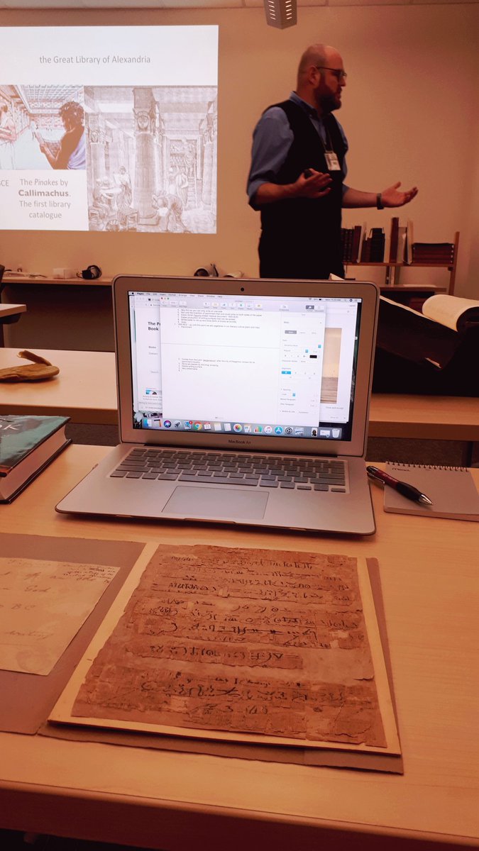 booksinthewoods's tweet photo. @dhsi18 -- #predig18 gets started with a foundation on the History of the Book with @jmhuculak ... No big deal but this sheet of Papyrus is from about 300 BC. ๐ฒ https://t.co/WySjzS7Eaq