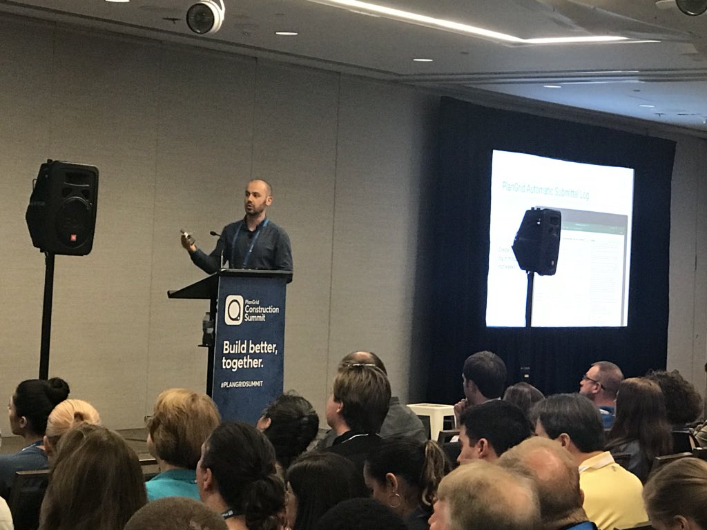 PlanGrid's tweet photo. What are the key features of PlanGrid’s not-yet-released next generation RFIs? 1). Easily draft RFIs in the field 2). Easy to track workflow 3). Architects can respond via email 4). Fast distribution. Sneak preview from Tom Alterman, PlanGrid Product Manager at #PlanGridSummit. https://t.co/WVmgKoGUGE