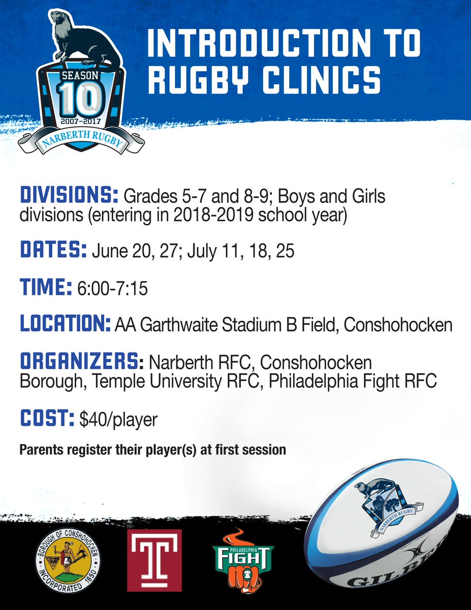 Check out these rugby clinics in association with Narberth RFC, Conshohocken Borough, Temple University RFC, Philadelphia Fight RFC!