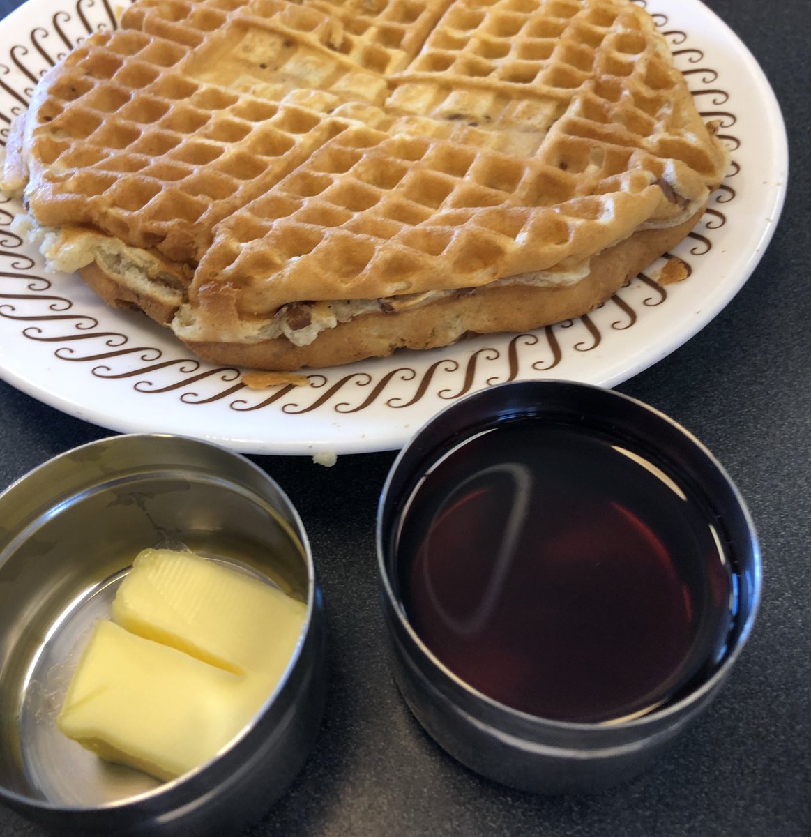 JeffKingsford's tweet photo. Wife asked to get the kids something “healthy”.....So we brought our own butter and syrup...now they’re 50% Organic!  #fromhousetotable #wafflehouse #treatyoself @WaffleHouse https://t.co/CD2y4E312R
