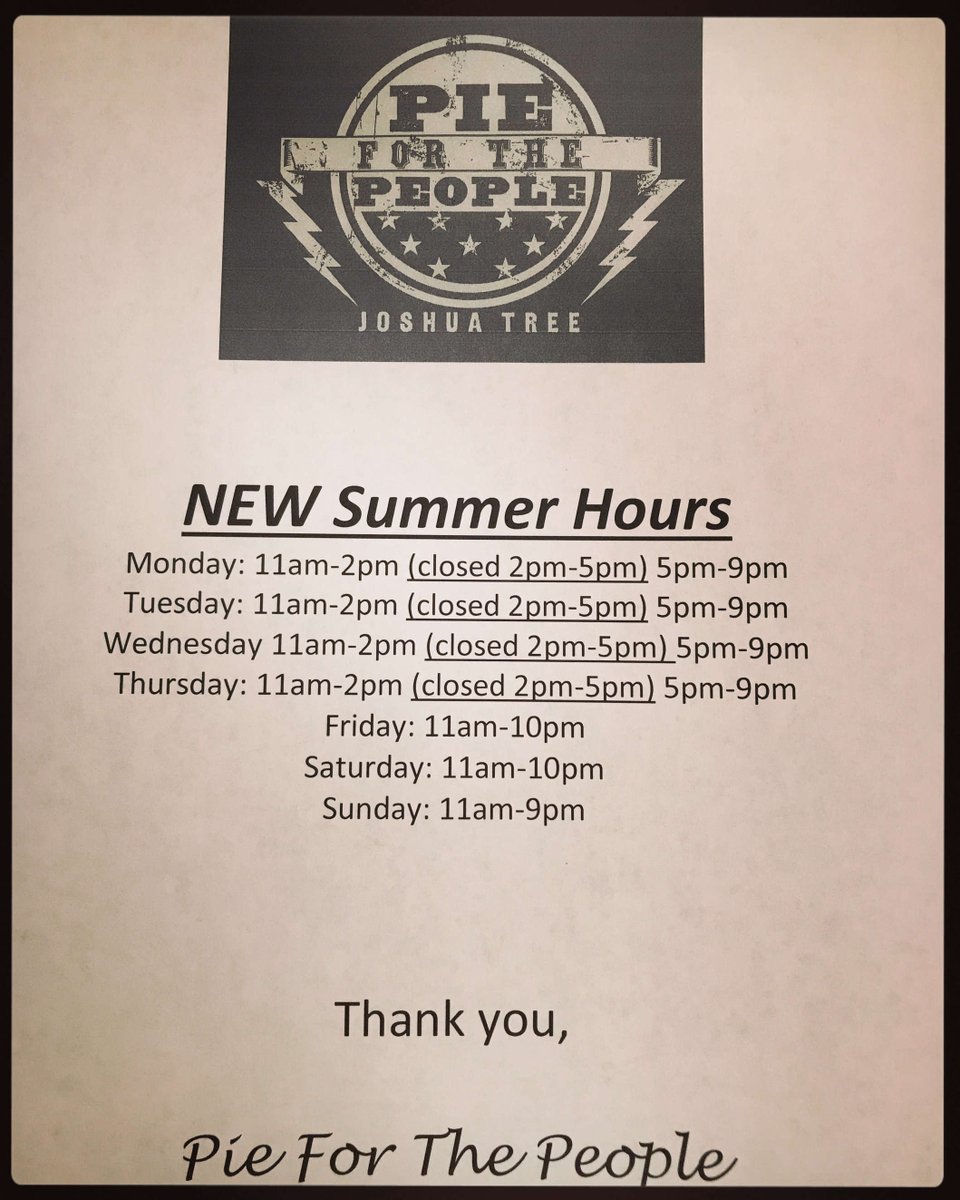 JTchamber's tweet photo. 🍕MEMBER MONDAY🍕
New Hours at Pie for the People!!!  🍕🍕🍕🍕Now closed Monday - Thursday 2p-5p!  🍕🍕🍕🍕@pieforthepeople 
•
•
#joshuatree #jtree #socal #california #pieforthepeople #pie #pizza #life #desertlife #membermonday #jtcoc https://t.co/xcUAOFhlqy