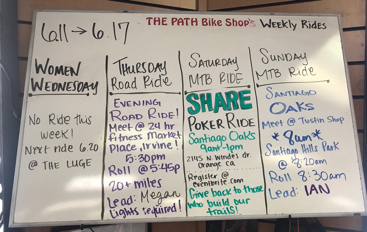 ThePathBikeShop's tweet photo. Shop rides this week. Be sure to sign up for the @SHAREMTBOC annual Poker Ride, let’s give back to those who work to maintain our trails! #sharemtb #thepathbikeshop https://t.co/dDWgkcow7D