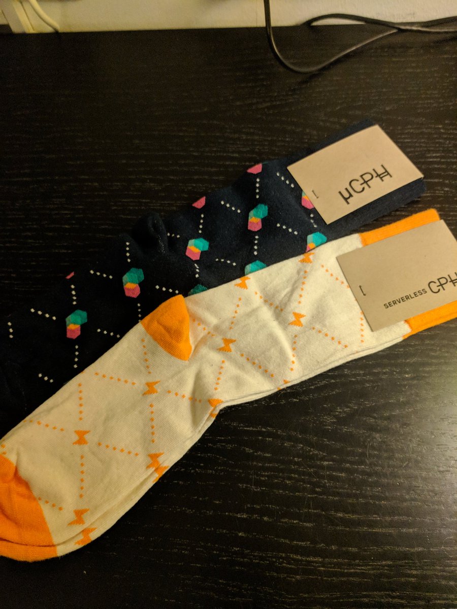 ThomasArdal's tweet photo. Sometimes tweeting has consequences. @sitereactor delivered these socks and I got until Monday to decide on which family member to give up. I must have an annoying aunt or something 😱 #microcph #serverlesscph https://t.co/9bpUfepTlV https://t.co/27dyBGlWJr