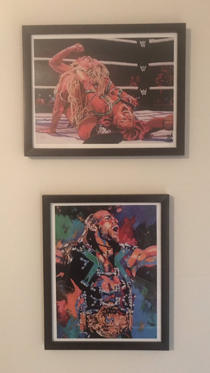 Finally put up our framed @robschamberger prints of @ShawnMichaels and @SashaBanksWWE with @MsCharlotteWWE #art @WWE  #painting #ProWrestling #wrestling #banksstatement #hbk #wingedeagle #watercolor #GOAT @KatyWrites