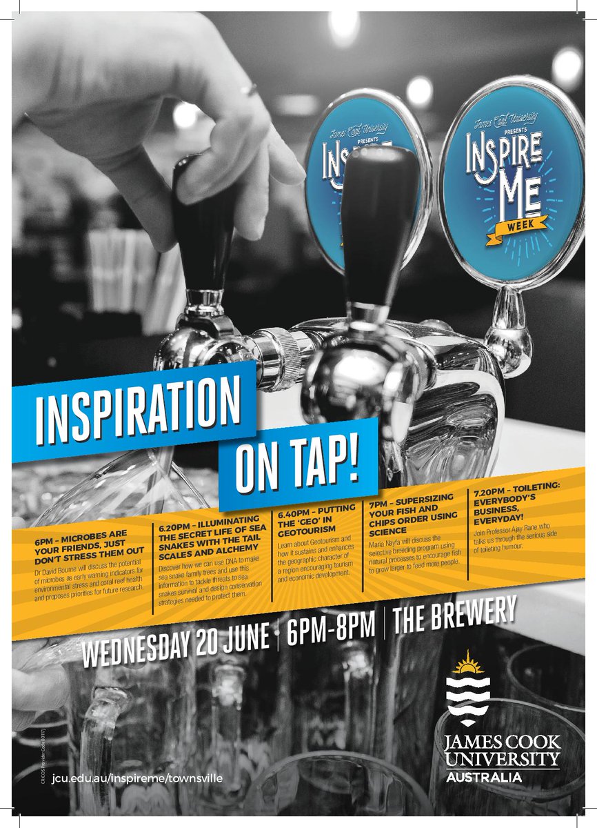 Hey @Townsville! I'll be speaking about 'Supersizing your fish & chips order using science!' @ #InspirationOnTap on June 20th 7pm @ the #TownsvilleBrewery! Come check it out!@auBritish @CSTFA_JCU @tsv_bulletin @jcu @ABCscience @7NewsTownsville #phdlife #research #scicomm #phdchat