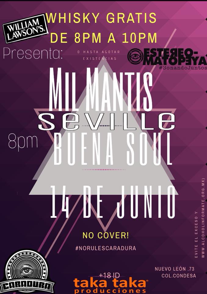 caraduramx's tweet photo. ¿Whisky gratis y buena música?

¡Vengan el jueves que @WilliamLawsonsM invita los tragos de 8 PM a 10 PM y de la música se encarga #MilMantis, @SevilleOficial y @BuenaSoul !

#SinIDNoHayFiesta #JuevesDeBuenRock #WhiskyGratis #EntradaGratis https://t.co/WyzHXA13q9