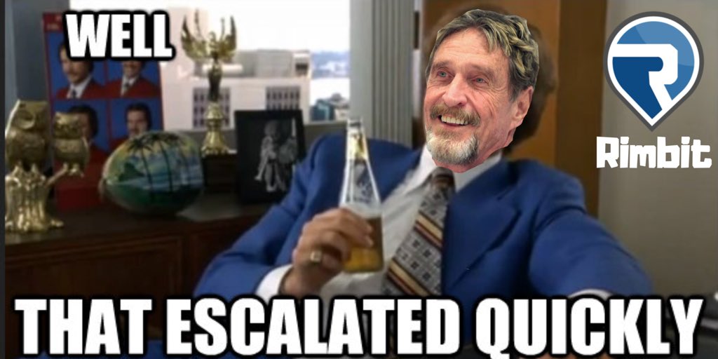 Coworktyler1's tweet photo. Now that Rimbit is re-listed on @Cryptopia_NZ we are celebrating by joining in on the @officialmcafee meme war!

@rimbitwhale @rimbit @Arvindj108 
#memewar #MCAFEEVMEMEVOTE2018 #cryptocurrencynews #bitcoin #btcp #btc #mcafee2020 #rbt #rimbit #CryptoExchange https://t.co/7h1GxB8aBp