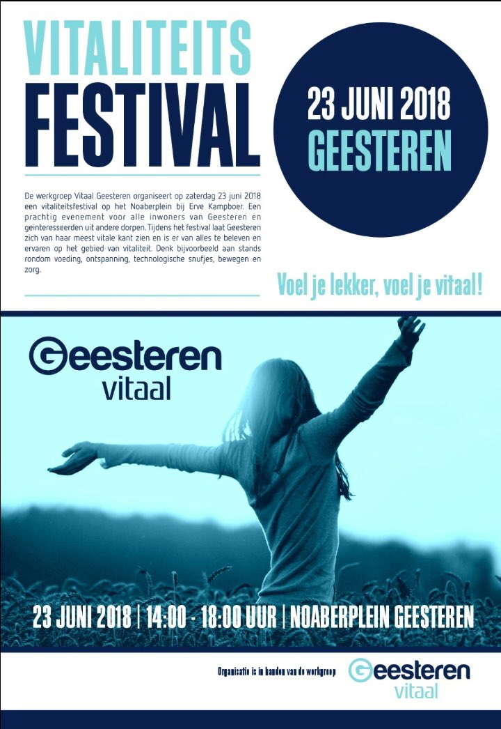 LeonieKuipers's tweet photo. 23 juni 2018 14.00-18.00 uur #Vitaliteitsfestival op Noaberplein #Geesteren met gratis toegang voor jong en oud voor 35 stands waar je geïnformeerd wordt en kunt ervaren over #vitaal in het leven staan! #mijndorp2030 @Gem_Tubbergen @Geesteren @CDATubbergen @rtvoost  @TwenteFM https://t.co/mc2PMZi7QC