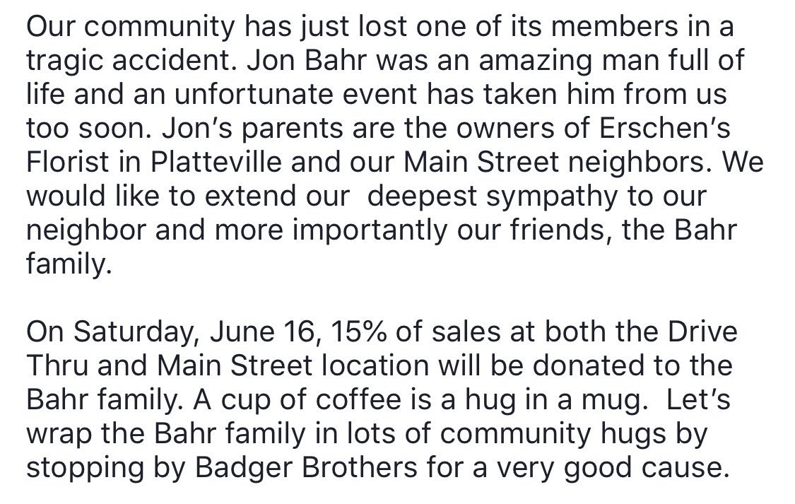 BadgerBrothers's tweet photo. Please Retweet to spread this event. 15% of all sales from both locations will be donated to the Bahr family. https://t.co/kZgRrwLWpn