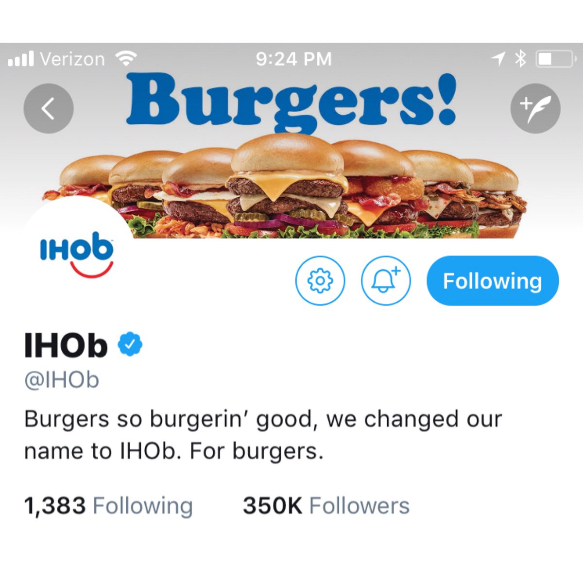 DanielDecker's tweet photo. Oh the fast food internet savagery ๐
If you donโt know whatโs happening... IHOP temp changed its name to IHOB (to celebrate now offering burgers). This is social media at its finest. Lol. Whoโs next?
_
@ihop @wendys @burgerking #ihop #ihob #brilliantmarketing #somuchbuzz https://t.co/mGTappyp9i