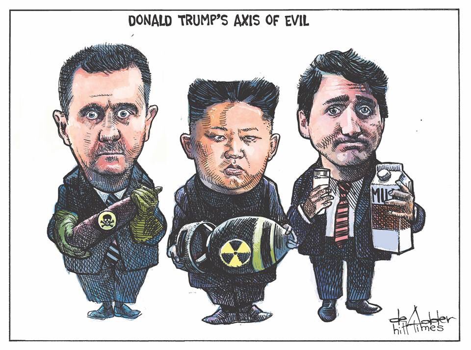 Guess which one <a href="/realDonaldTrump/">Donald J. Trump</a> thinks “protects his people” (#1), he’s “honoured to meet” (#2) and who “presents a threat to US security (#3 - the guy with the milk). 

Once again a political cartoon captures the moment better than any article or analysis. 

DeAdder nails it.