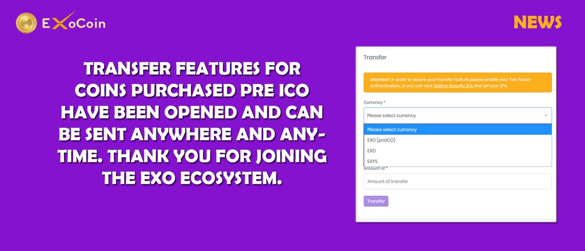 myexocoin's tweet photo. Good News 
Transfer features for coins purchased pre ICO have been opened and can be sent anywhere and anytime. thank you for joining the EXO ecosystem.
https://t.co/hvmcWVSRLW 
#ICO #initialcoinoffering #preico #news #goodnews #exo #ecosystems https://t.co/S0S1g3JWwa