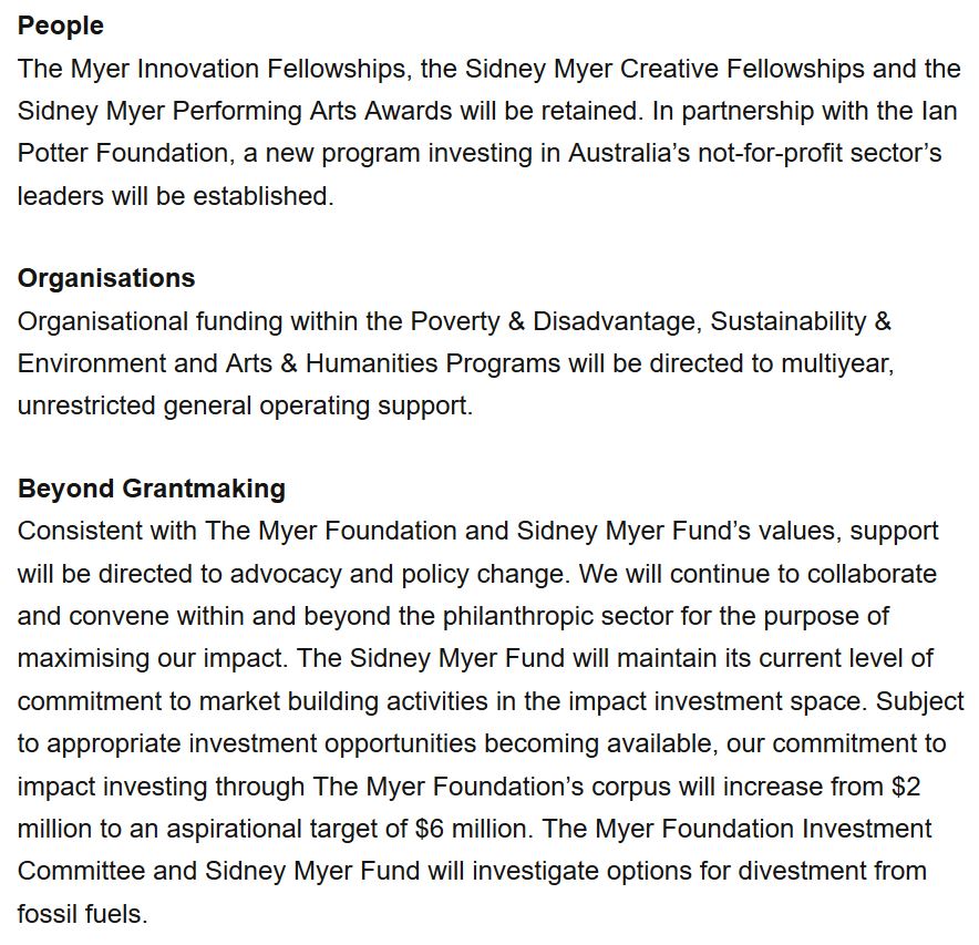 The Sidney Myer Fund and Myer Foundation's new strategic plan is very exciting - particularly the new program focused on Australia’s not-for-profit sector’s leaders (together with <a href="/IanPotterFdn/">IanPotterFoundation</a>) and the strong emphasis on advocacy/policy change myerfoundation.org.au/news/refreshed…